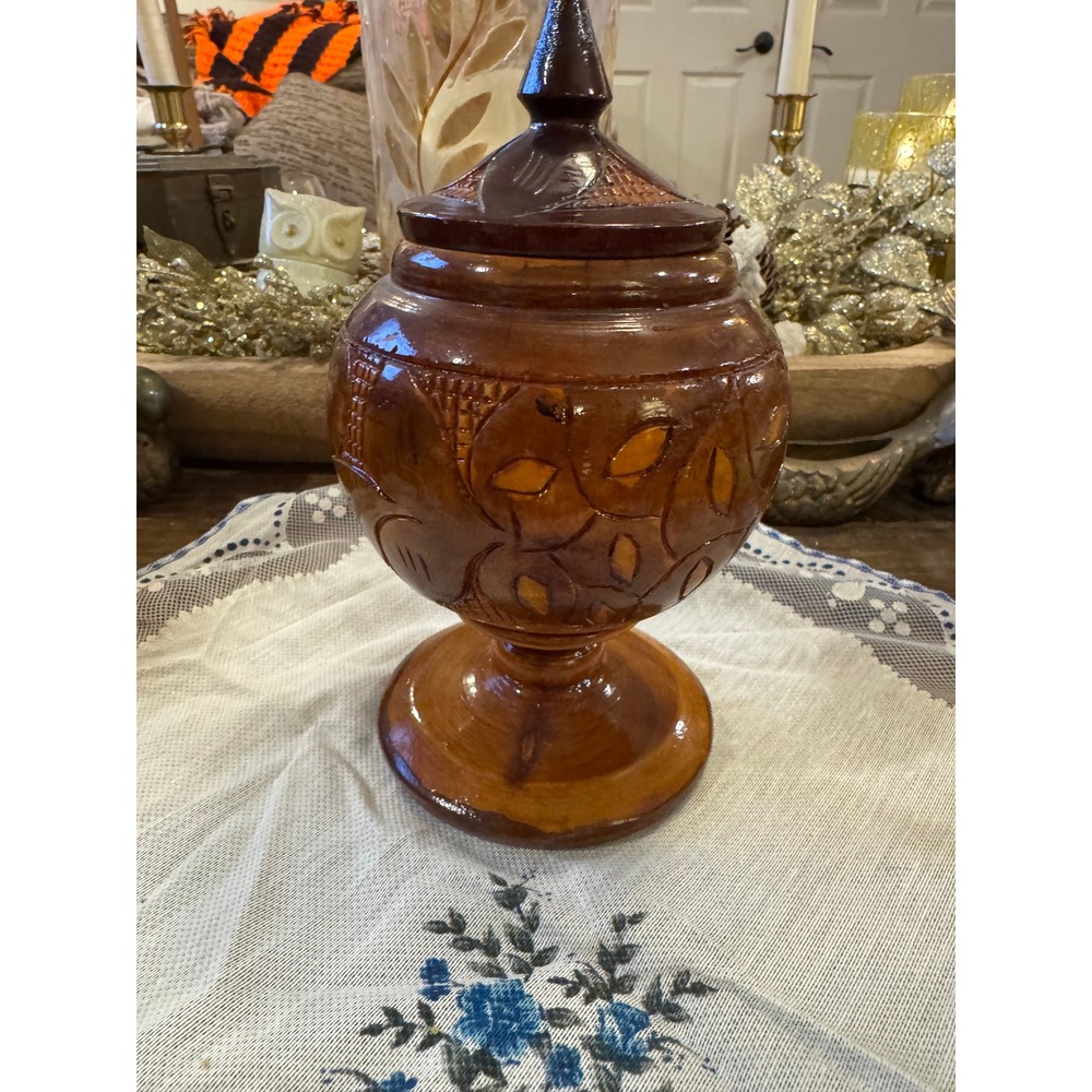 Vintage Hand Carved Wooden Lidded Jar Pedestal Urn Decorative Boho Vessel 9"